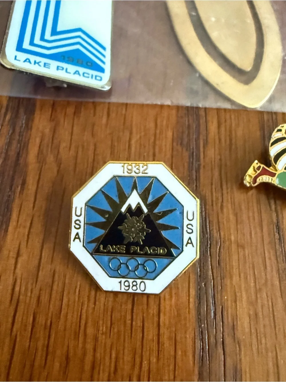 1980 Lake Placid Olympic 5pc Memorabilia Lot - Pins & Gold Bookmark